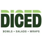 Diced Typeface Logo with words Bowls, Salads, Wraps under the word Diced